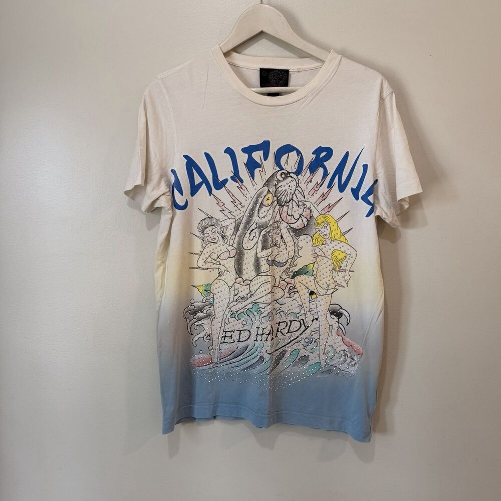 Ed Hardy California Tee Mens Vintage 2010 Rhinestone Graphic - Large (Y2K)
